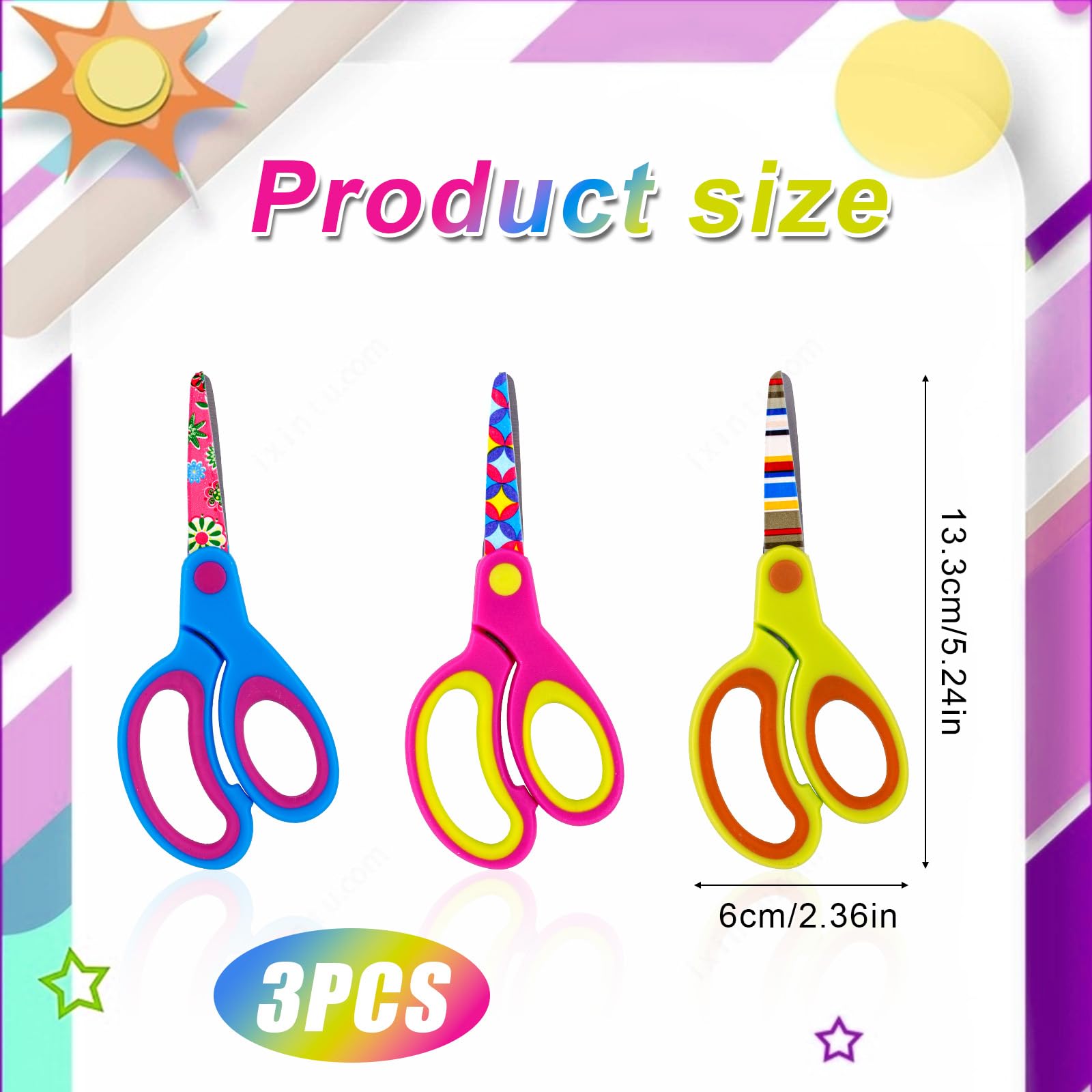 3pcs Blunt End Tip Scissors, Small Safety Children Scissors Colourful Craft Art Child Scissors Mini Toddler Scissors Kid Friendly Student Paper Edge Scissors Home School DIY Cutting Paper Supplies