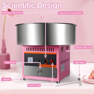 Large Cotton Candy Machine Commercial, 1000W Electric Cotton Candy Machine with Stainless Steel Bowl, Storage Drawer, and Sugar Spoon, Suitable for Family Gathering, Birthday Parties, Festivals (Pink)