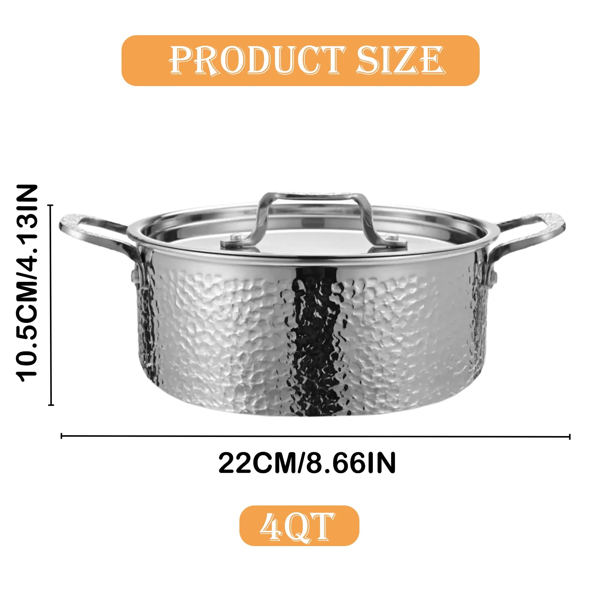 Vivicreate Tri-Ply Stainless Steel Stockpot, Deep Cooking Pot with Lid, Hammered Exterior, Silver (4 Quarts)