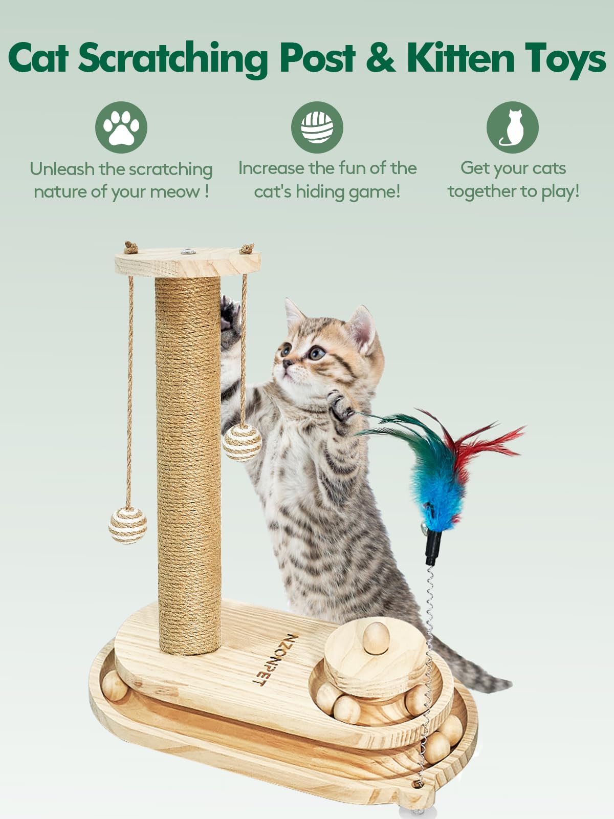 NZONPET Cat Scratching Post 16.54" Tall Scratch Post Premium Sisal Rope Scratch Posts for Kitten and Adult Cats All Natural Rope Wooden Ball Track Interactive Toy with Dangling Ball