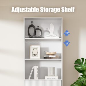 Housoul Modern Bookshelf with Doors, 63" Tall Bookshelf with Storage, 3 Shelf Bookcase with Adjustable Shelf, 3 Tier Bookshelf, Open Shelves Bookcase, Unique Bookshelf for Bedroom & Office, White