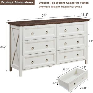 OKYCI Farmhouse 6 Drawer Dresser for Bedroom, Double Wood Chest of Drawers with 1.2" Thickened Top - 54" W x 31.5" H, Antique White