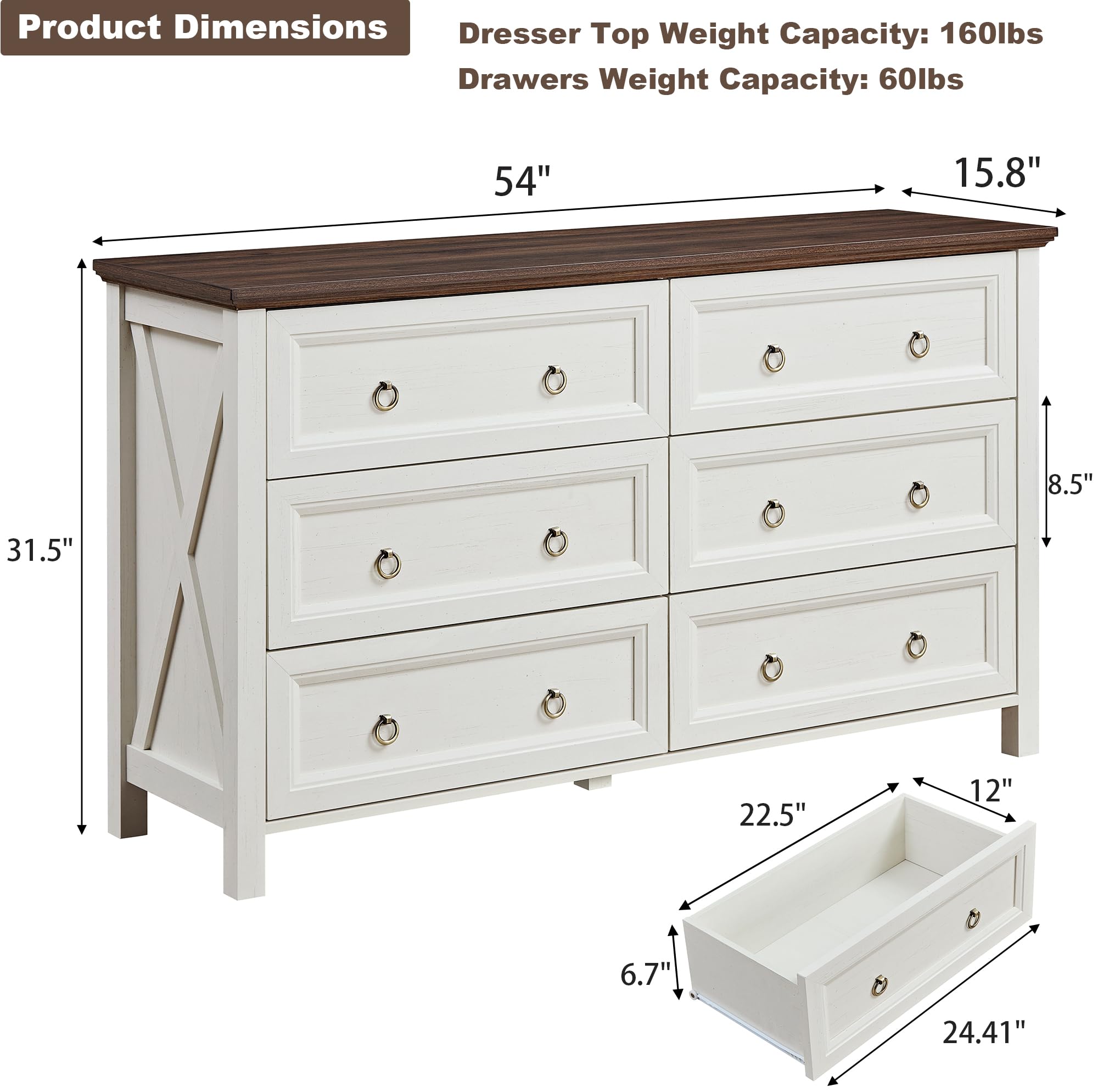 OKYCI Farmhouse 6 Drawer Dresser for Bedroom, Double Wood Chest of Drawers with 1.2" Thickened Top - 54" W x 31.5" H, Antique White