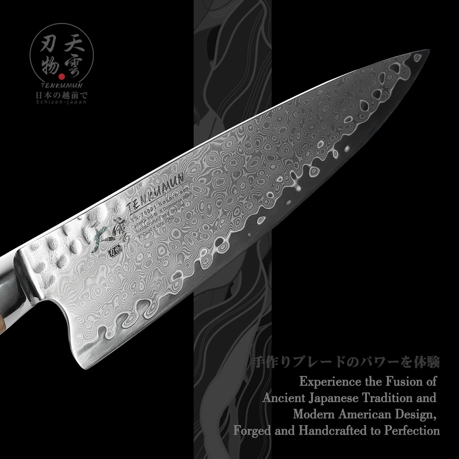 Tenkumun Japanese Gyutou Knife Pro. Handcrafted 8 inch Chef Knife Handmade Forged Knife Japan VG-10 Damascus Steel -Kokoro ser.