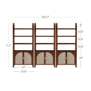 Nathan James Paxton Boho Bookshelf Cabinet with Solid Wood Frame Rattan Bookshelf with Cabinet Base, Arched Bookcase Cabinet for Living Room or Home Office, Dark Acacia, Set of 3