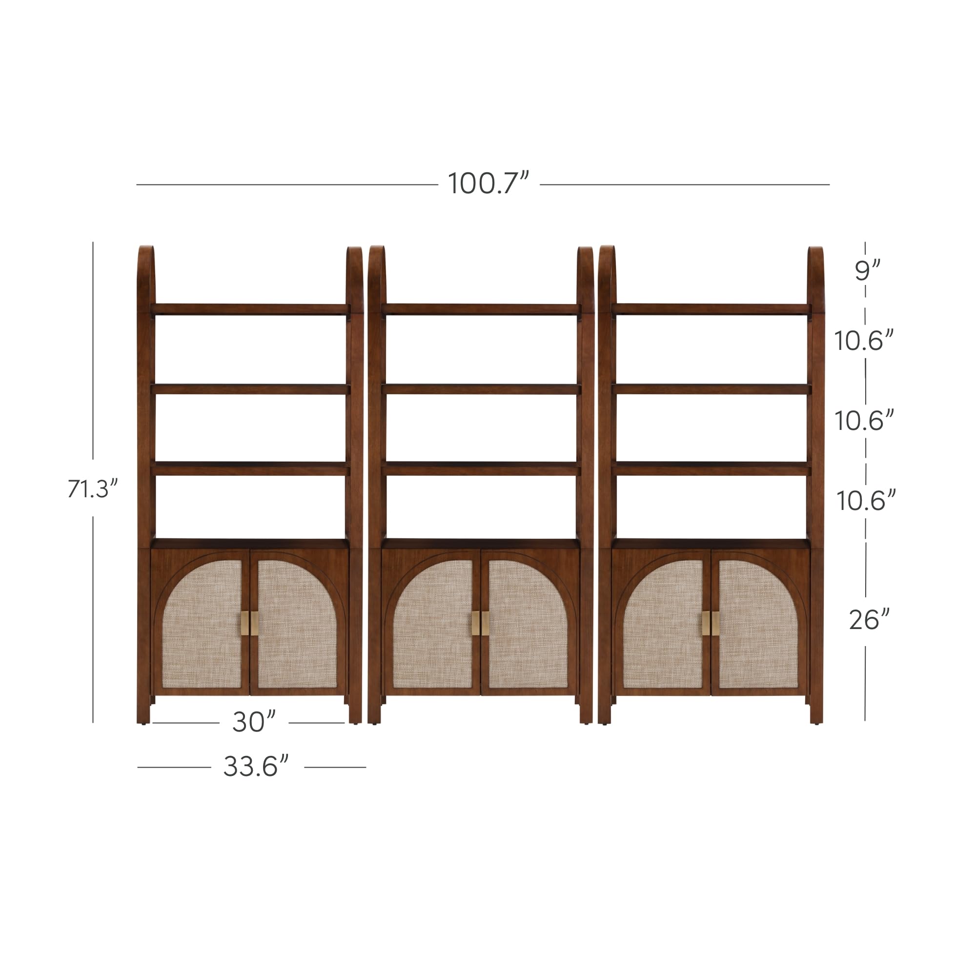 Nathan James Paxton Boho Bookshelf Cabinet with Solid Wood Frame Rattan Bookshelf with Cabinet Base, Arched Bookcase Cabinet for Living Room or Home Office, Dark Acacia, Set of 3