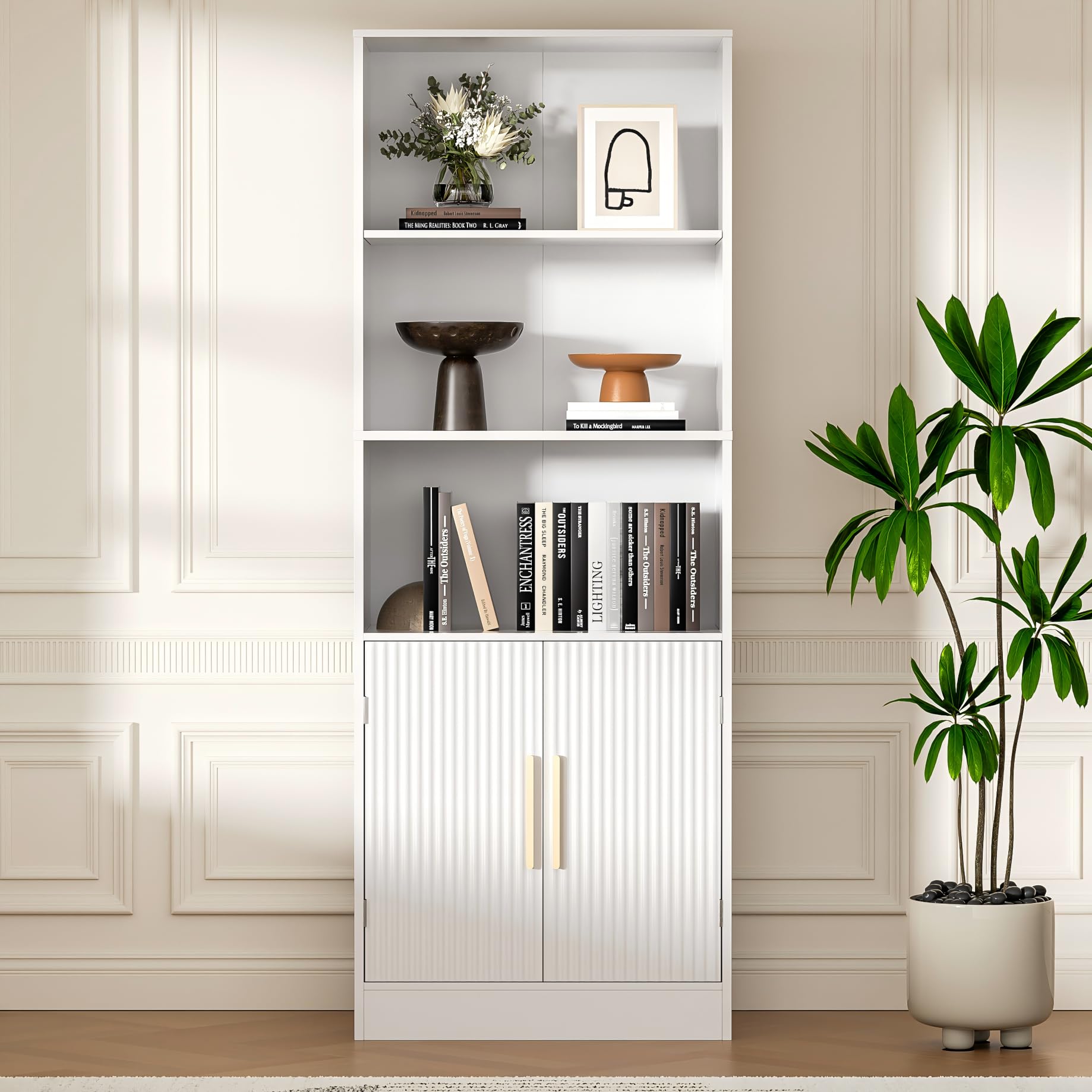 Housoul Modern Bookshelf with Doors, 63" Tall Bookshelf with Storage, 3 Shelf Bookcase with Adjustable Shelf, 3 Tier Bookshelf, Open Shelves Bookcase, Unique Bookshelf for Bedroom & Office, White