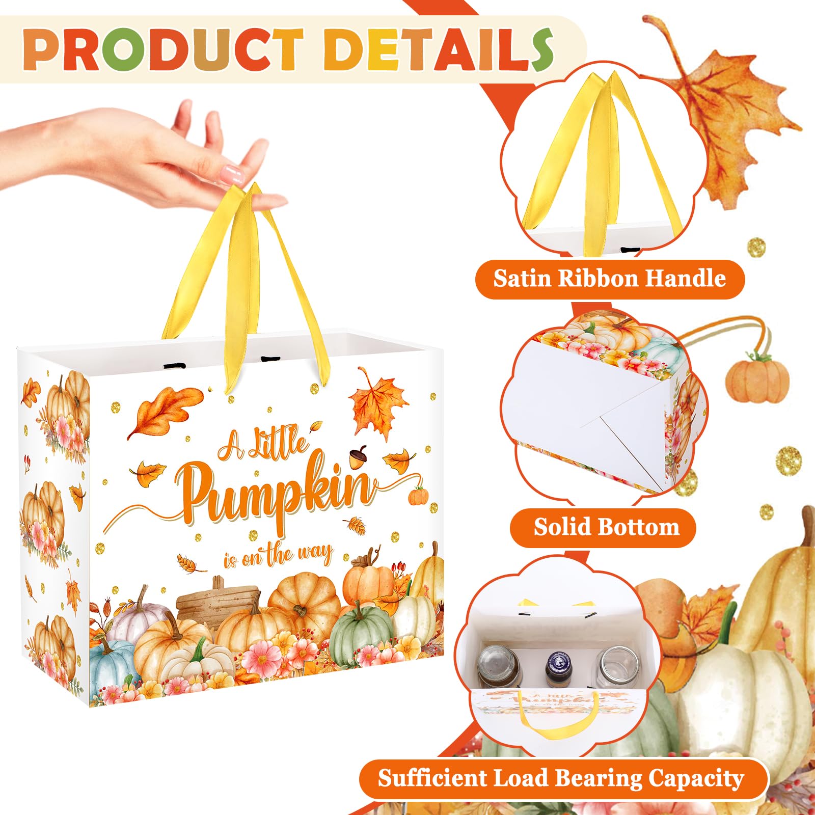 Thanksgiving Pumpkin Baby Shower Birthday Gift Bag for Baby Girls Boys A Little Pumpkin is On The Way Gift Bag with Wrapping Paper Card Fall Autumn Gift Bag for Baby Shower Party Supplies