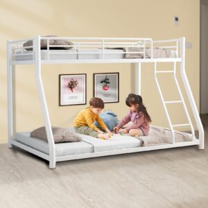 jaxenor bunk bed twin over full size with ladder, heavy duty metal bed frame with safety guardrail, sturdy twin bunk beds for kids teens & adults, no box spring needed, white