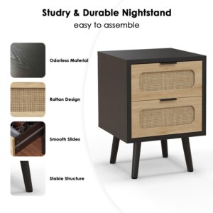 YMBSBUY Rattan Nightstand Set of 2,Night Stand Bedside Table with 2 Drawers,Mid Century Modern Nightstand End Table for Bedroom,Dorm,Small Spaces,Boho Wood Side Table with Storage,Black,2 Pack