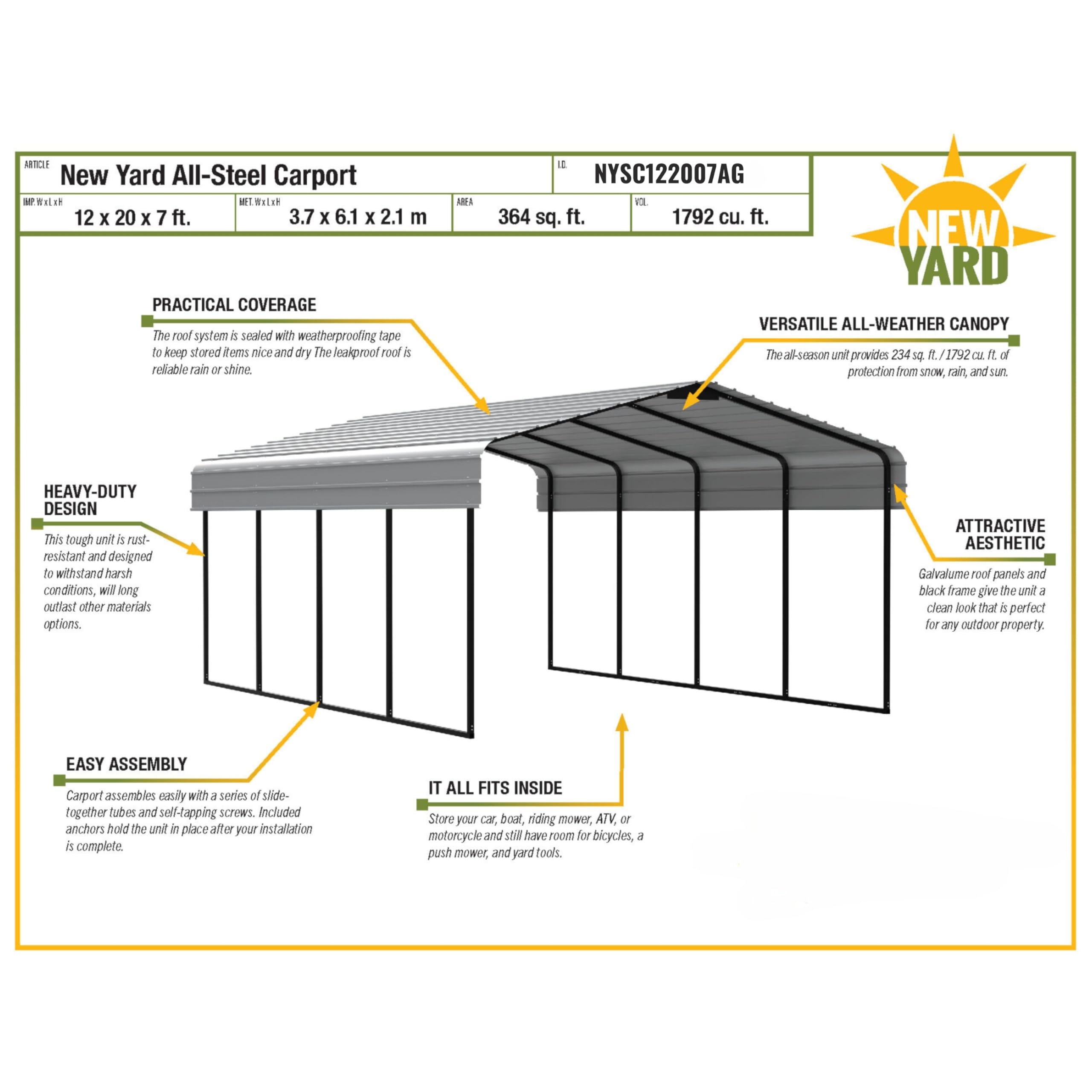 New Yard 12 x 20 x 7 ft Heavy Duty All Steel Carport – All-Weather Steel Canopy Shelter and Steel Frame for Cars, Trucks, Boats, and Outdoor Equipment