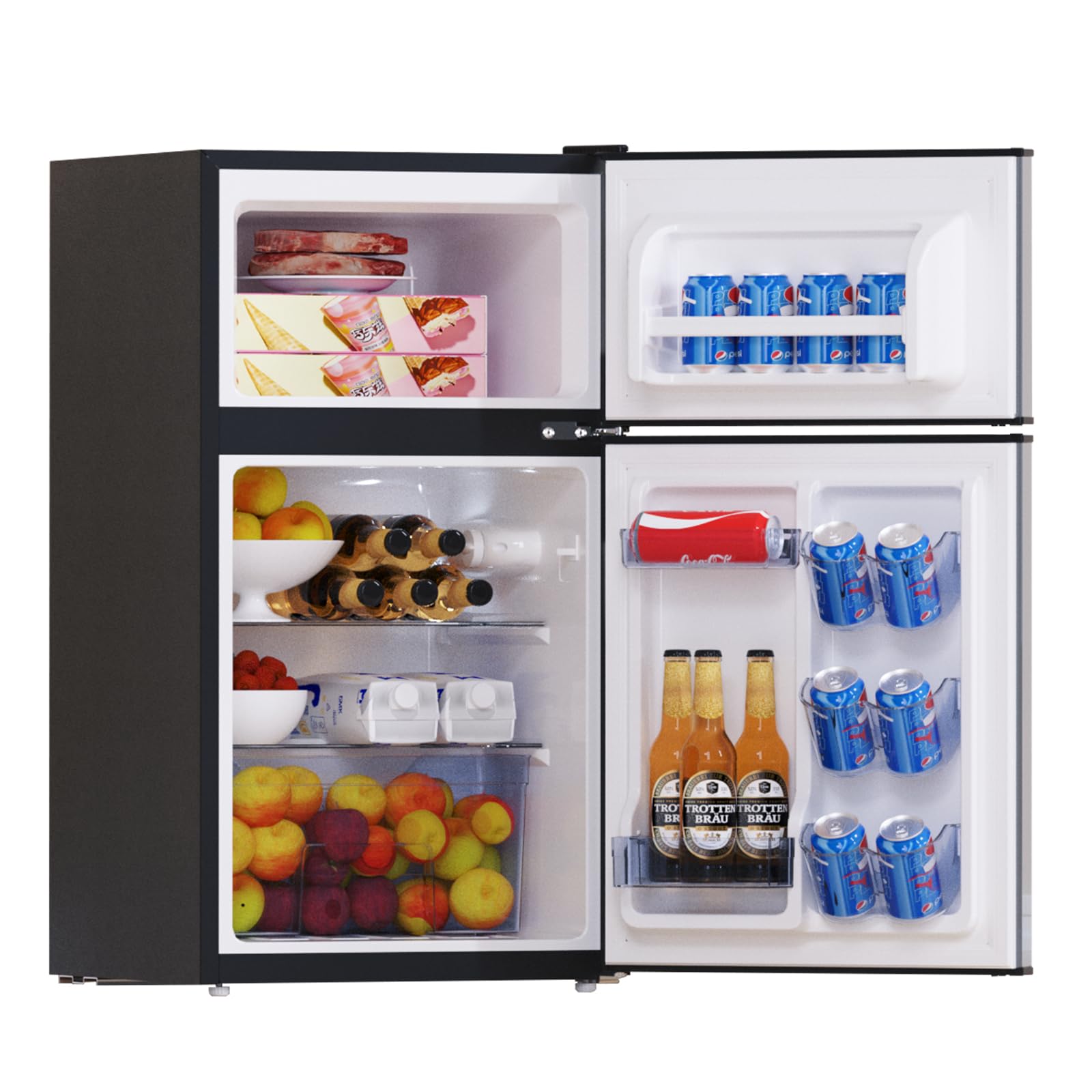 Frestec Mini Fridge with Freezer 3.5 Cu.Ft. 2 Door Refrigerator and Freezer Small Fridge for Bedroom Home Office Dorm, Small Drink Chiller, 37 dB Low Noise, Stainless Steel