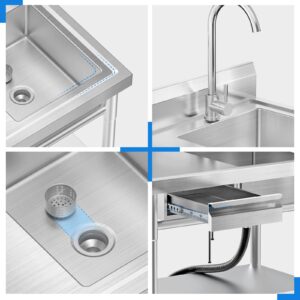 EHVCISTQ Stainless Steel Utility Sink Freestanding Single Bowl Laundry Sink with Hot and Cold Water Plumbing Workbench Drawers for Laundry Room Farmhouse Indoor and Outdoor Sink