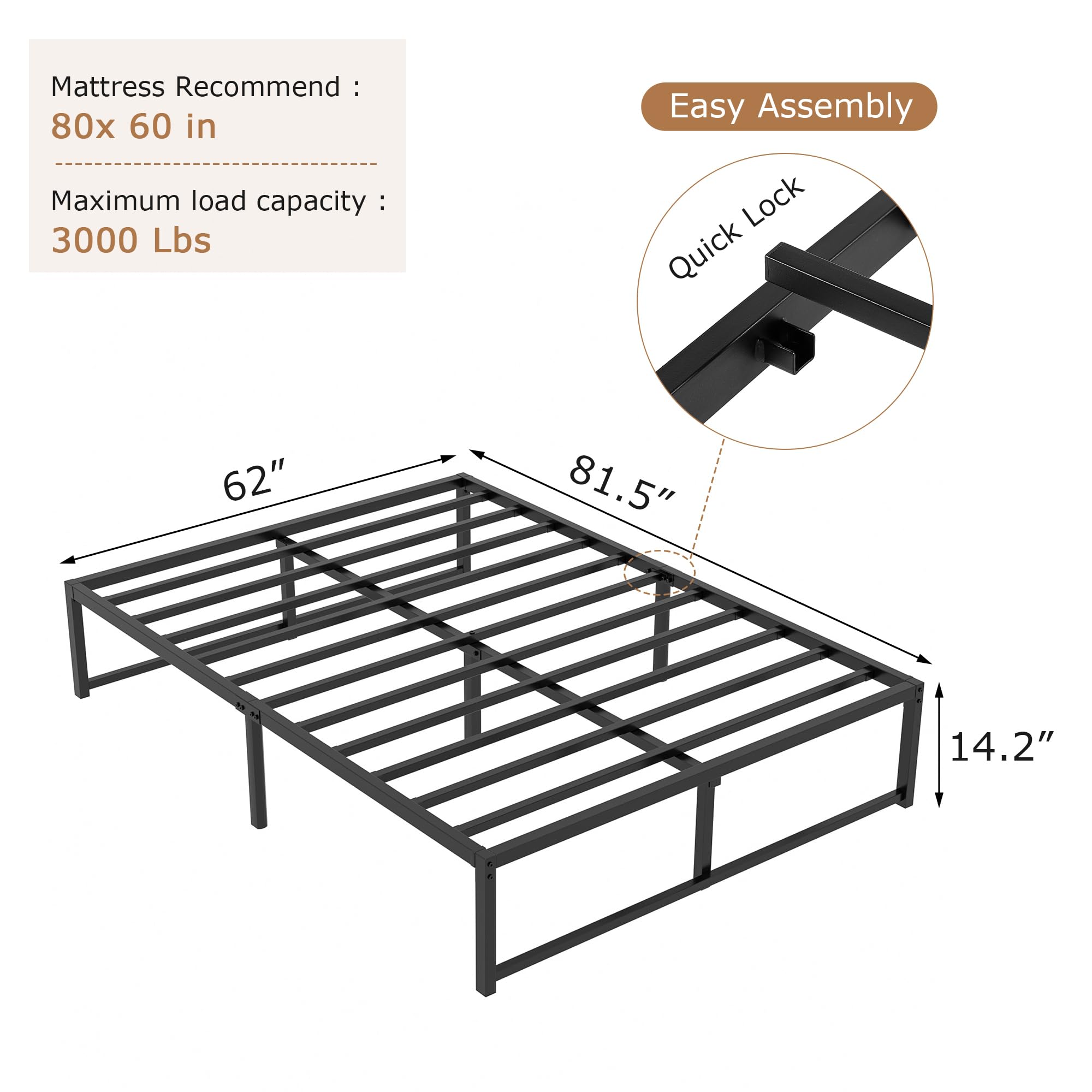 VECELO 14" High Queen Bed Frame/Metal Platform Mattress Foundation/No Box Spring Needed