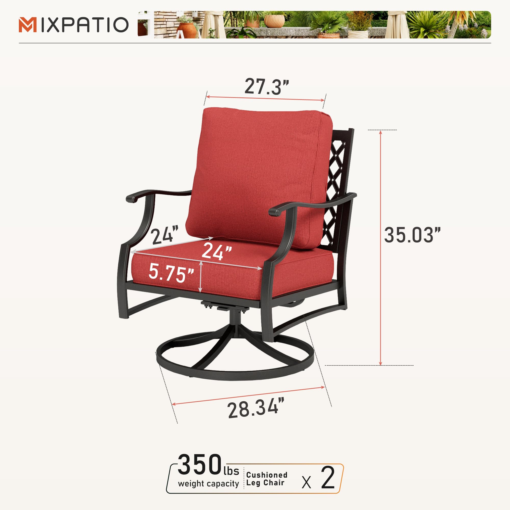 MIXPATIO Swivel Patio Chairs Set of 2, High Back Outdoor Swivel Patio Metal Chairs with 5.75" Thick Cushions for Bistro Balcony Porch Deck and Yard, Red