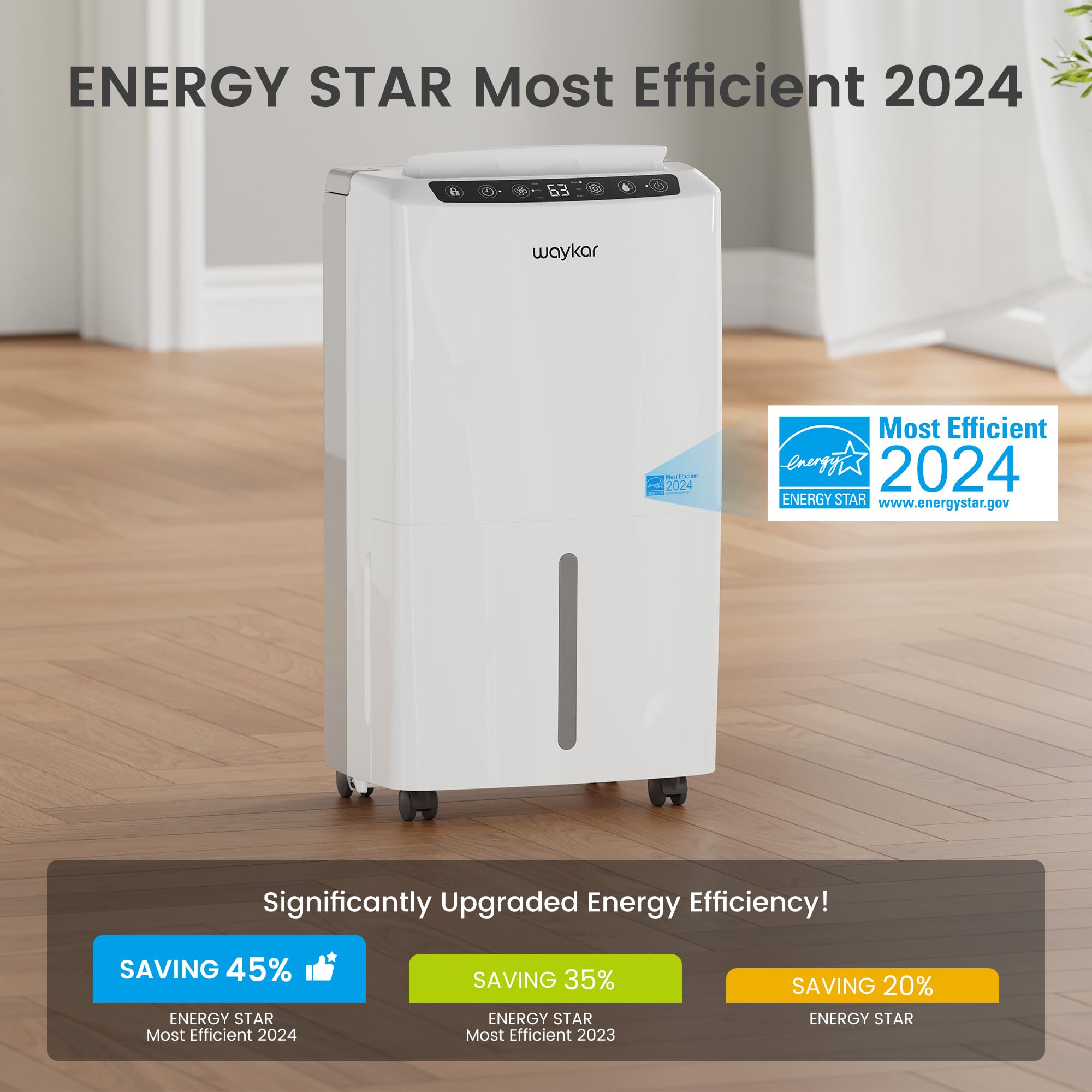 Waykar 2000 Sq. Ft Energy Star Dehumidifier for Home and Basement with Auto or Manual Drainage, Quiet 33dB Operation, 0.6 Gallon Water Tank Capacity