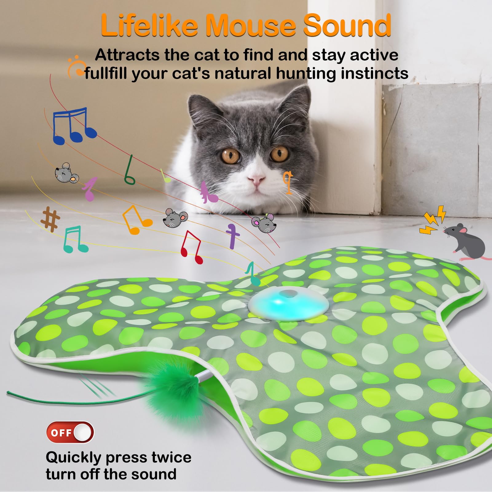 umosis Interactive Cat Toys Rechargeable,Moving Concealed Feathers,Real Mouse Squeaky,Touch Activated Cat Kitten Toy Cat Exercise Toys for Indoor Bored Adult Cats