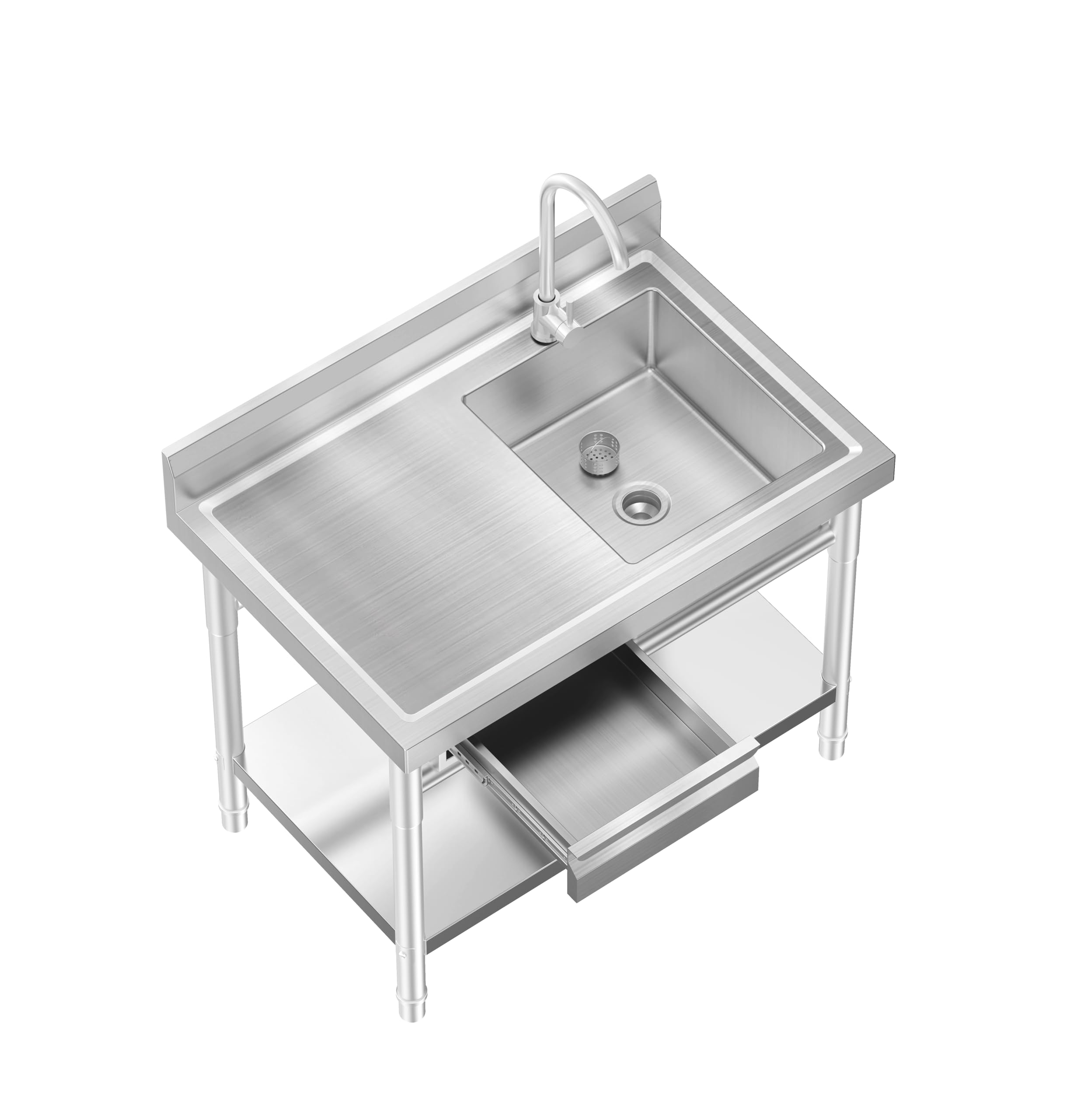 EHVCISTQ Stainless Steel Utility Sink Freestanding Single Bowl Laundry Sink with Hot and Cold Water Plumbing Workbench Drawers for Laundry Room Farmhouse Indoor and Outdoor Sink