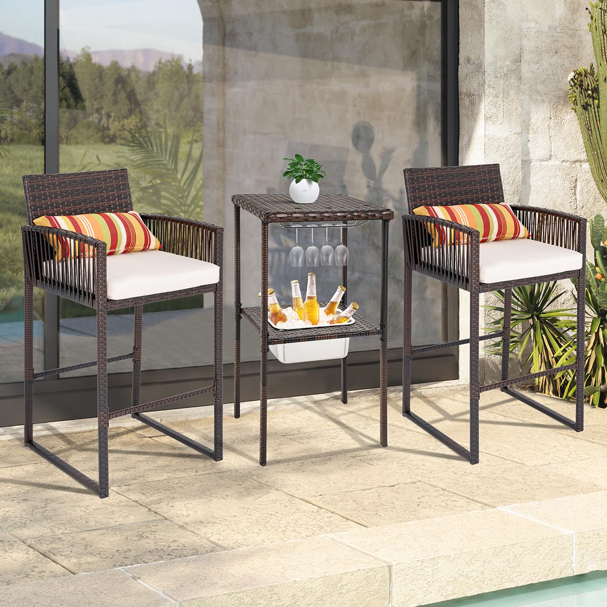 Sundale Outdoor 3 Pieces Wicker Bar Furniture Set for 2, Patio Stools and Bar Set with Glass Holder & Ice Bucket, Counter and 2 Pub Stools, High Top Bistro Dining Set, Brown Rattan and Beige Cushions