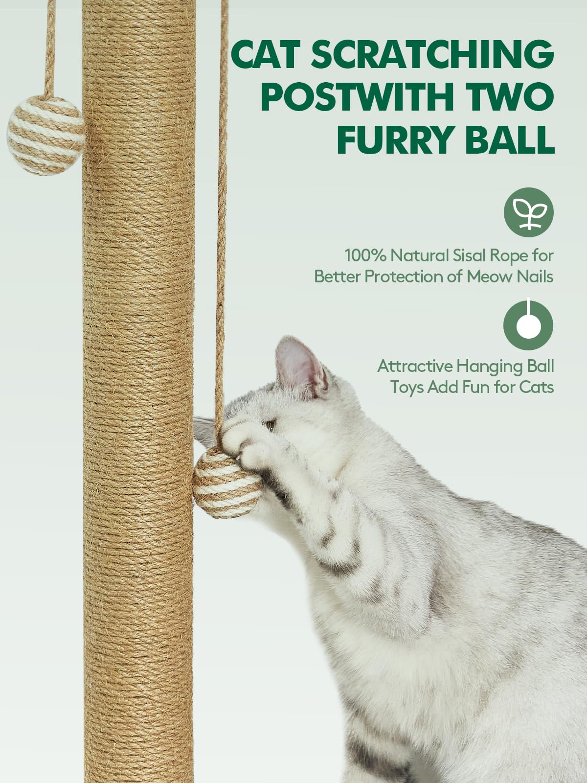 NZONPET Cat Scratching Post 16.54" Tall Scratch Post Premium Sisal Rope Scratch Posts for Kitten and Adult Cats All Natural Rope Wooden Ball Track Interactive Toy with Dangling Ball