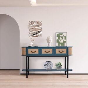 FurSch Rattan Entryway Table with Storage, Narrow Oval Console Table with Drawers,Blue 53.6" Long and Slim Couch Table Behind Sofa for Living Room Hallway Entrance Foyer