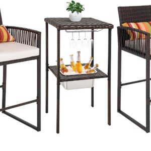 Sundale Outdoor 3 Pieces Wicker Bar Furniture Set for 2, Patio Stools and Bar Set with Glass Holder & Ice Bucket, Counter and 2 Pub Stools, High Top Bistro Dining Set, Brown Rattan and Beige Cushions