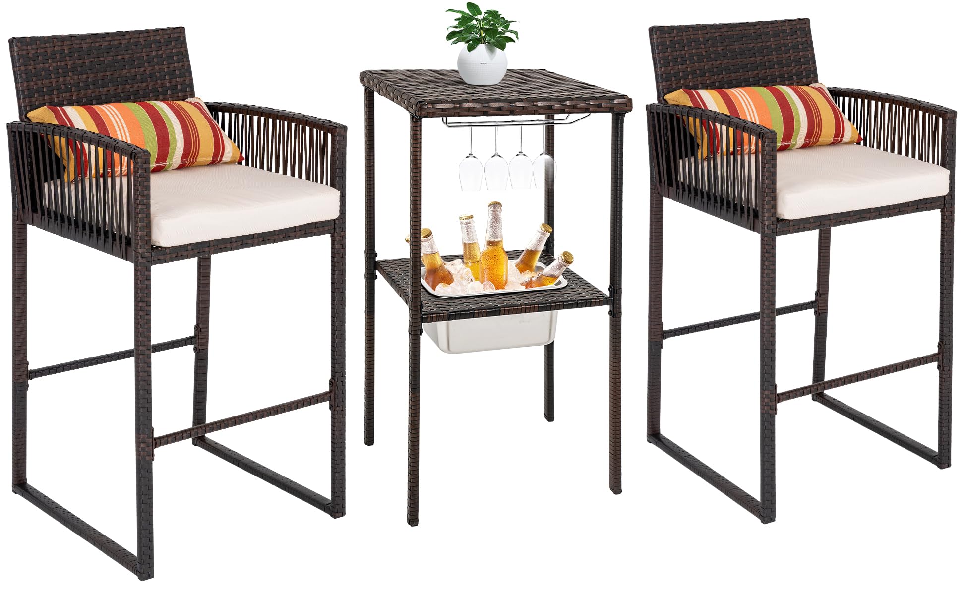 Sundale Outdoor 3 Pieces Wicker Bar Furniture Set for 2, Patio Stools and Bar Set with Glass Holder & Ice Bucket, Counter and 2 Pub Stools, High Top Bistro Dining Set, Brown Rattan and Beige Cushions