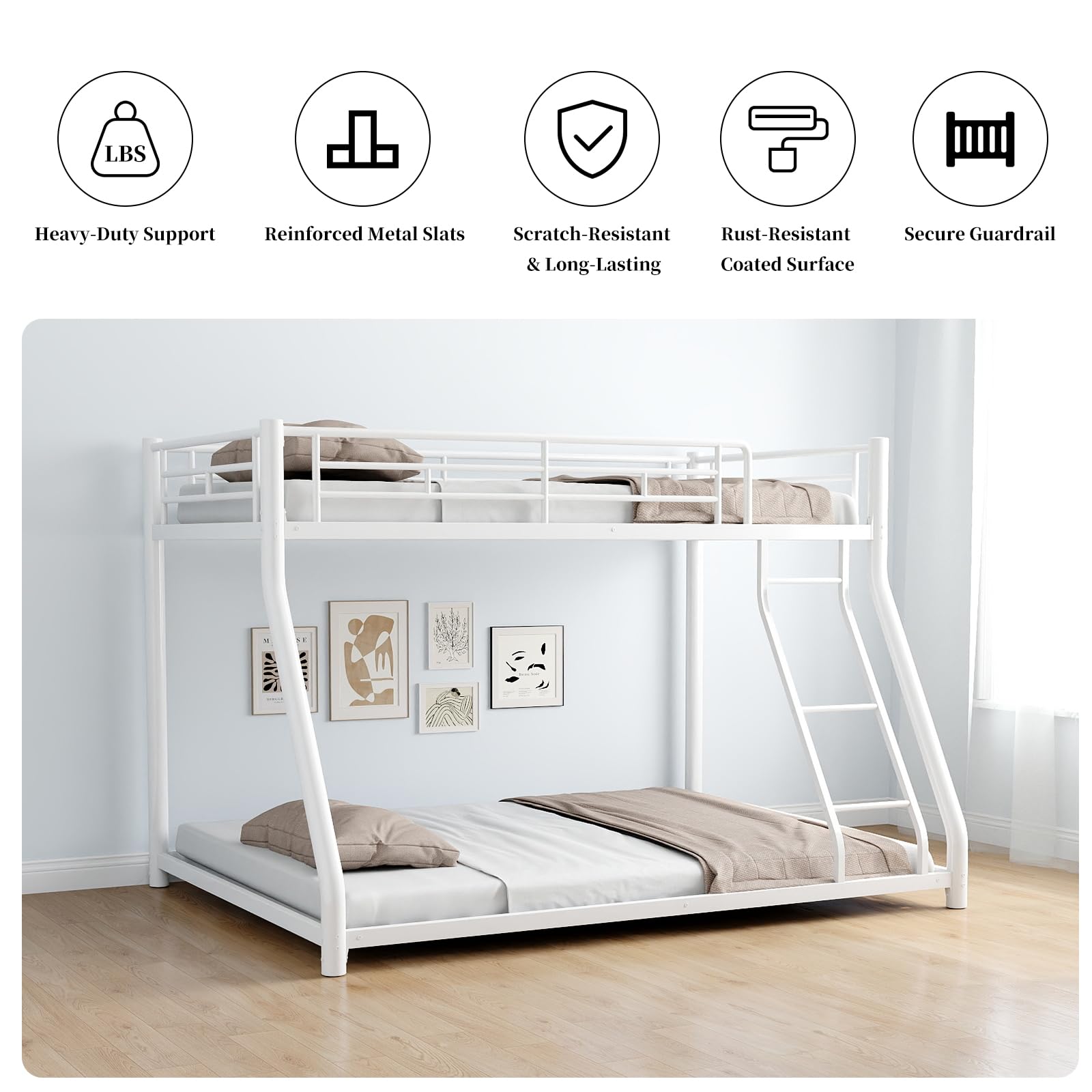 Jaxenor Bunk Bed Twin Over Full Size with Ladder, Heavy Duty Metal Bed Frame with Safety Guardrail, Sturdy Twin Bunk Beds for Kids Teens & Adults, No Box Spring Needed, White