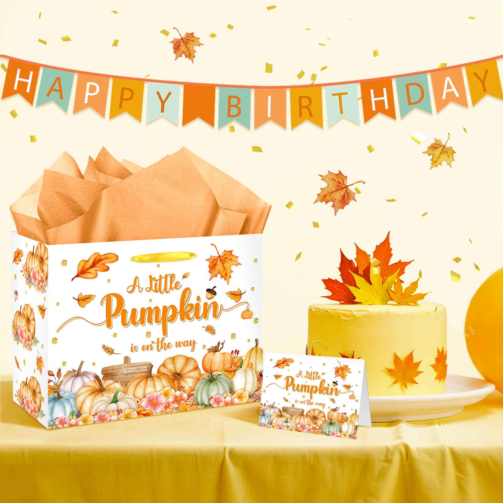 Thanksgiving Pumpkin Baby Shower Birthday Gift Bag for Baby Girls Boys A Little Pumpkin is On The Way Gift Bag with Wrapping Paper Card Fall Autumn Gift Bag for Baby Shower Party Supplies