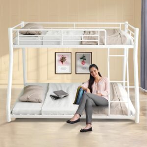 Jaxenor Bunk Bed Twin Over Full Size with Ladder, Heavy Duty Metal Bed Frame with Safety Guardrail, Sturdy Twin Bunk Beds for Kids Teens & Adults, No Box Spring Needed, White