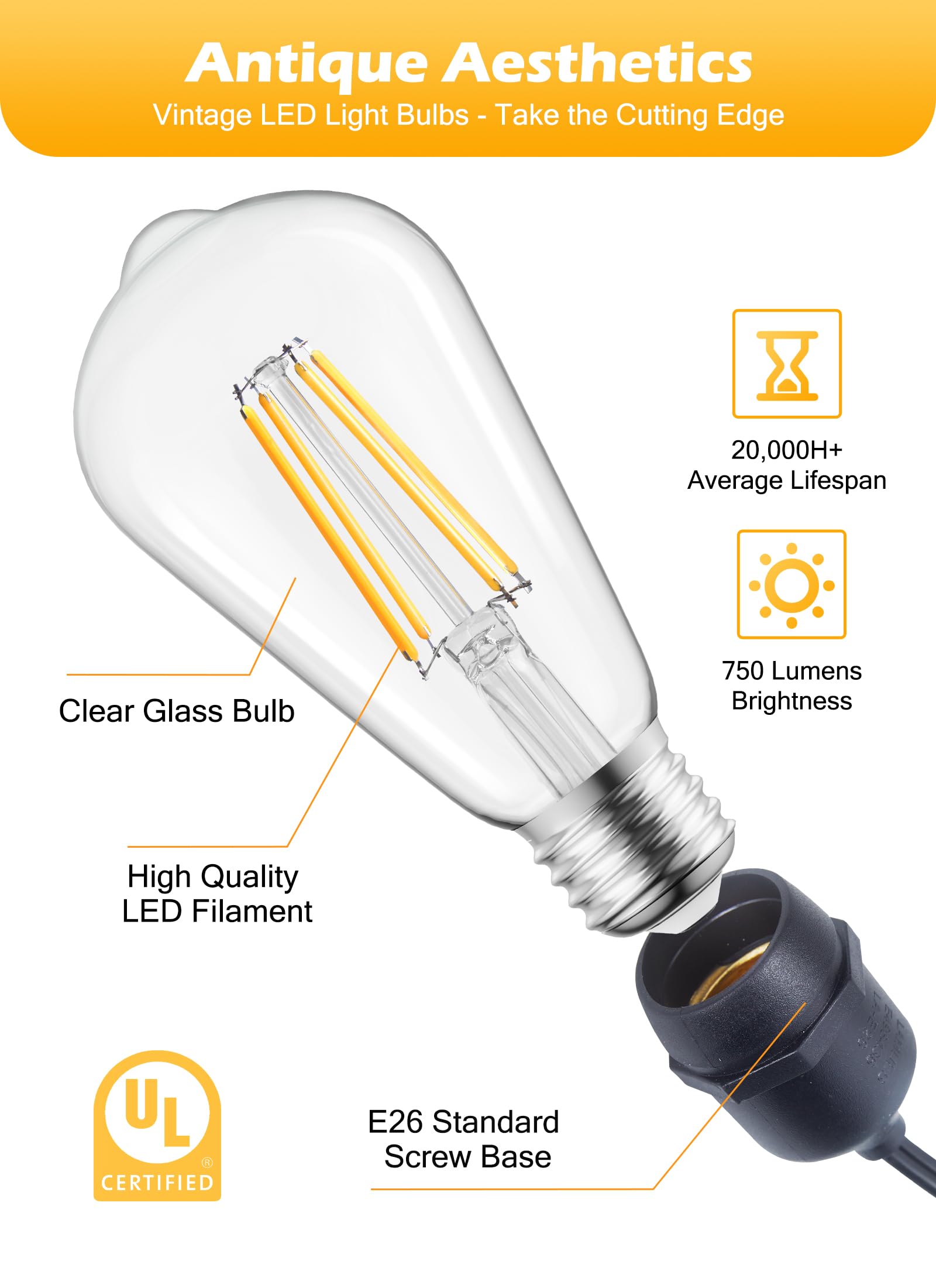 Brightown Vintage LED Edison Bulbs, 6W, Equivalent 60W, High Bright 2700K Warm White,750 Lumens, Non-Dimmable, E26 Medium Base ST58 Antique Filament Bulbs with 83+ CRI for Ceiling Fan Bathroom Porch