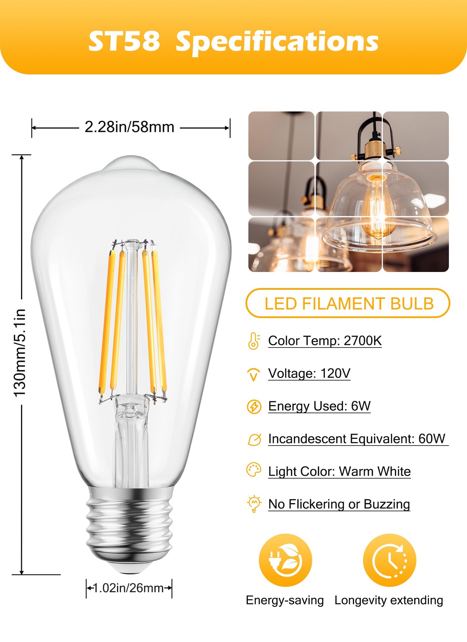 Brightown Vintage LED Edison Bulbs, 6W, Equivalent 60W, High Bright 2700K Warm White,750 Lumens, Non-Dimmable, E26 Medium Base ST58 Antique Filament Bulbs with 83+ CRI for Ceiling Fan Bathroom Porch