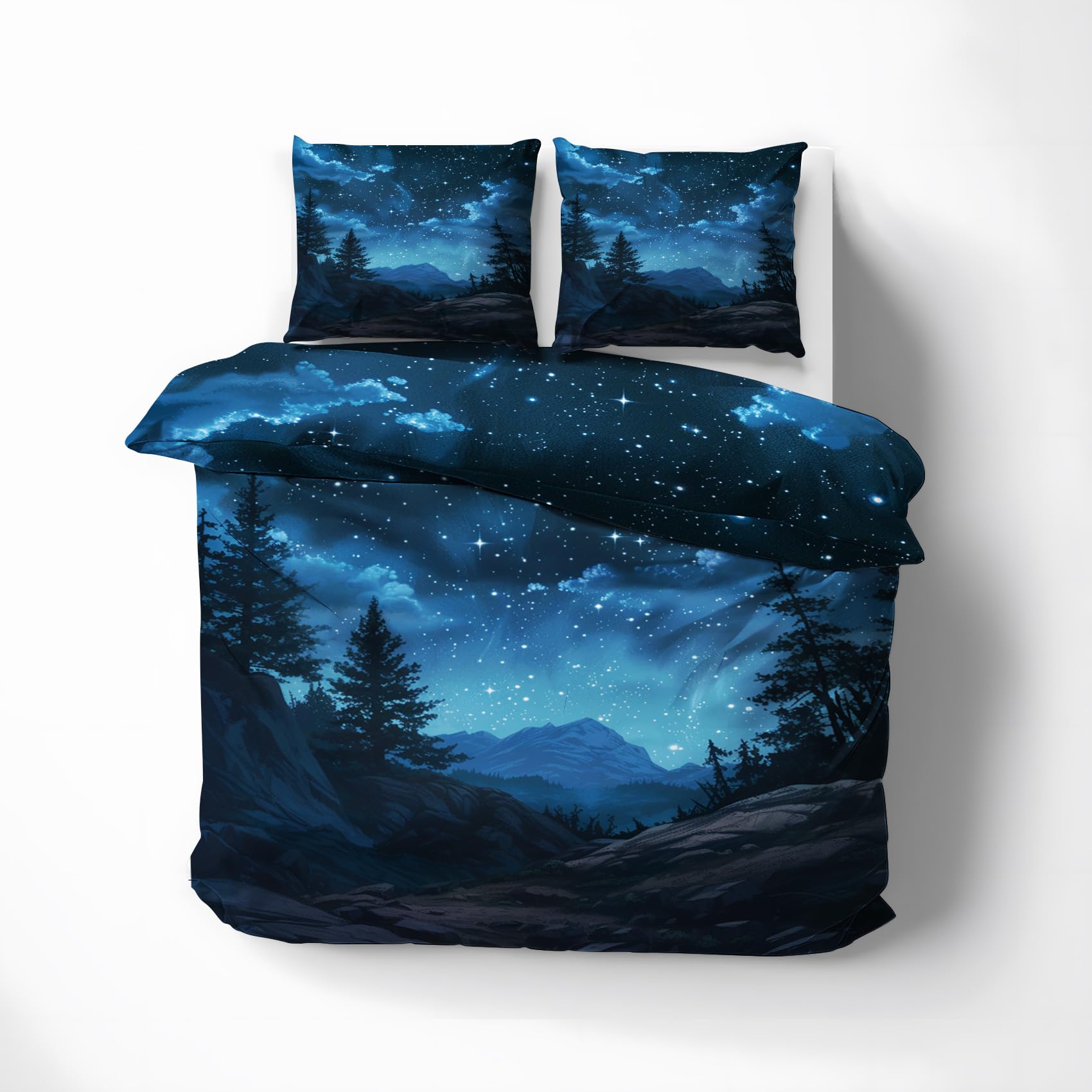 Epzthxlyr Starry Night Duvet Cover Full Size, Scenic Mountain Bedding Set 3 Pieces Set, Soft Microfiber, with Zipper and Corner Ties, Natural Landscape Comforter Cover 1 Duvet Cover + 2 Pillow Cases