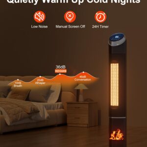 38'' Space Heater, Portable Electric Heater for Indoor Use, 1500W Ceramic Tower Heater with 3D Flame Effect, Adjustable Thermostat, 80° Oscillation, Safety Protection for Office Bedroom Home (Black)