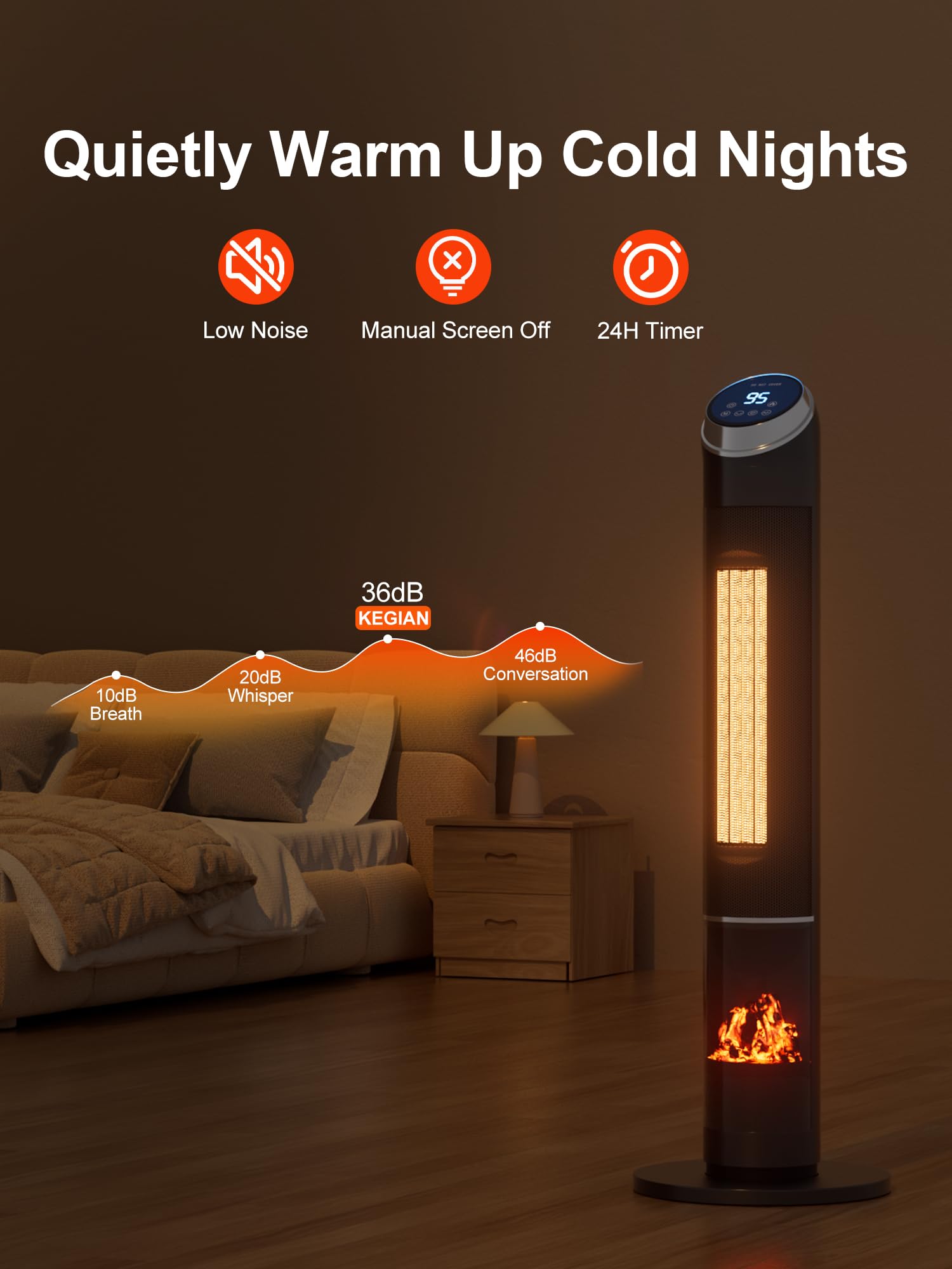 38'' Space Heater, Portable Electric Heater for Indoor Use, 1500W Ceramic Tower Heater with 3D Flame Effect, Adjustable Thermostat, 80° Oscillation, Safety Protection for Office Bedroom Home (Black)