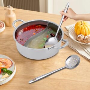 Stainless Steel Hot Pot with Divider,Pot with Glass Lid, Hot Pot with Spoon/Leaky Spoon for Kitchen Cooking Hotels Restaurants Home