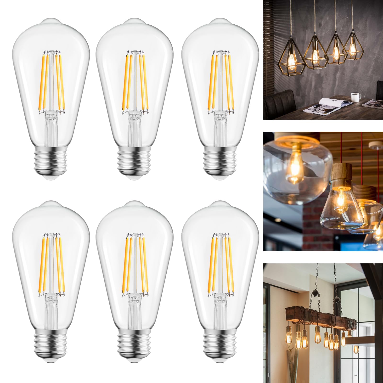 Brightown Vintage LED Edison Bulbs, 6W, Equivalent 60W, High Bright 2700K Warm White,750 Lumens, Non-Dimmable, E26 Medium Base ST58 Antique Filament Bulbs with 83+ CRI for Ceiling Fan Bathroom Porch