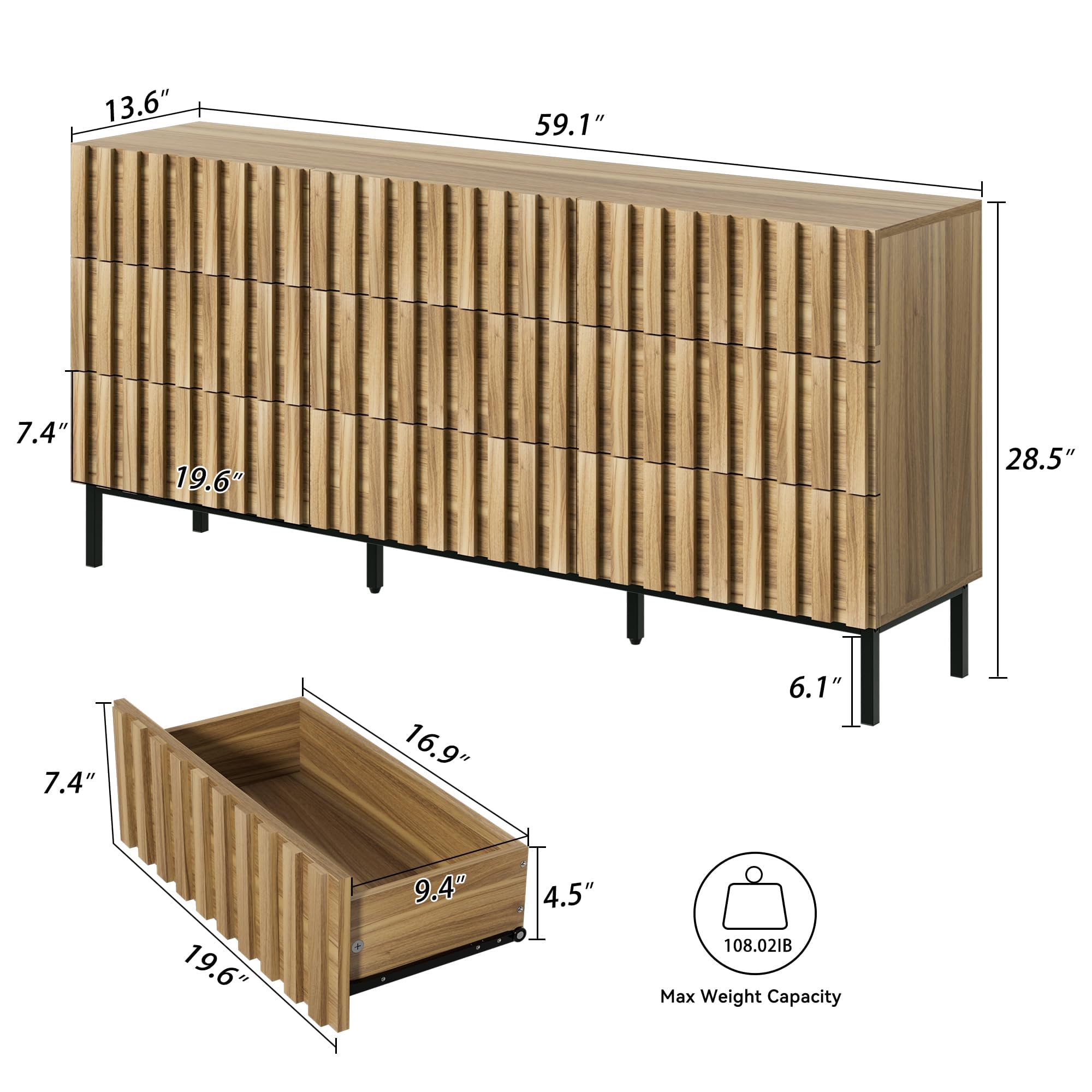 UEV 9 Drawer Dresser for Bedroom, Mid Century Style Fluted Dresser,59" Dresser with 9 Drawers,Long Chest of Drawers TV Stand Dresser for Bedroom,Living Room,Hallway