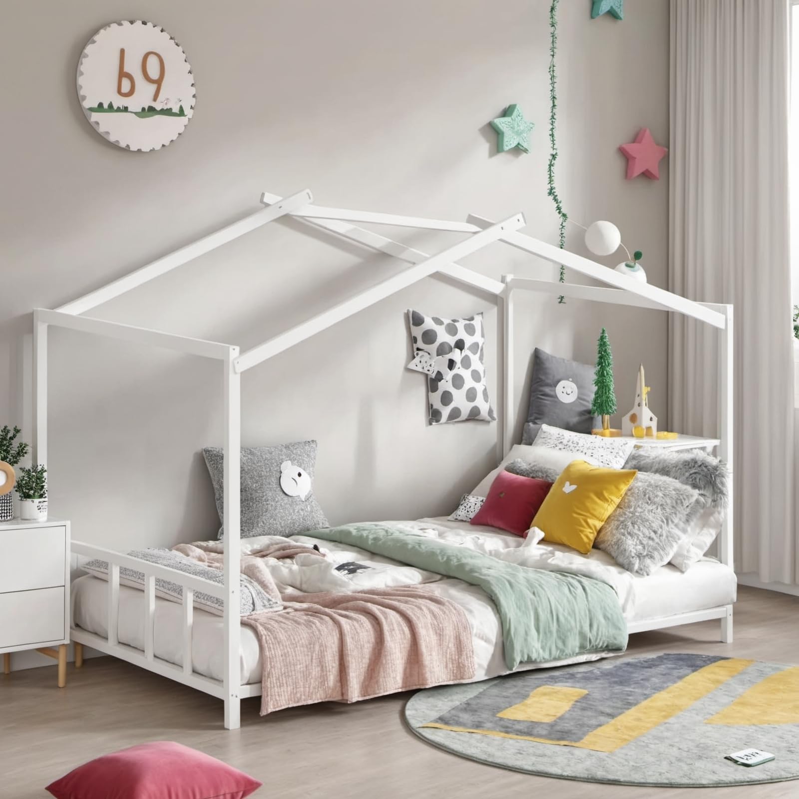 PVWIIK Twin Size Montessori Toddler Floor Bed with Headboards and Footboards, Metal House-Shaped Bed Frame with Soundproof Strip for Girls and Boys, Kids Playroom, No Box Spring Needed (White)