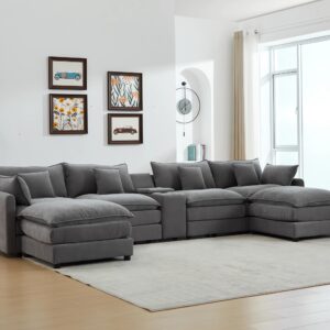 VEPXXP 144.5" Oversized Modular Sectional Couch with Storage Console, Cup Holders & USB Ports, Modern Chenille Upholstered U-Shaped Cloud Sofa w/Ottomans for Living Room Apartment Office, Grey