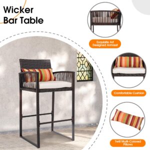 Sundale Outdoor 3 Pieces Wicker Bar Furniture Set for 2, Patio Stools and Bar Set with Glass Holder & Ice Bucket, Counter and 2 Pub Stools, High Top Bistro Dining Set, Brown Rattan and Beige Cushions