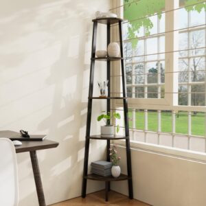 corner shelf stand,5-tier corner bookshelf storage standing unit with metal frame,corner bookcase plant stand for living room,bathroom,home office,bedroom,rustic brown