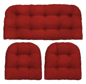 rsh decor: sunbrella 3-piece wicker tufted cushion set | standard size | performance fabric | outdoor settee loveseat & u-shape seat cushions for patio furniture | canvas jockey red