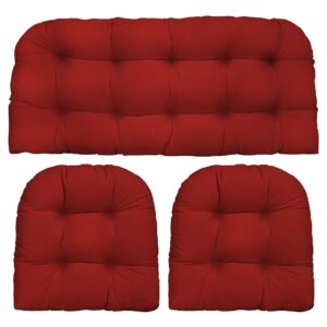 RSH DECOR: Sunbrella 3-Piece Wicker Tufted Cushion Set | Standard Size | Performance Fabric | Outdoor Settee Loveseat & U-Shape Seat Cushions for Patio Furniture | Canvas Jockey Red