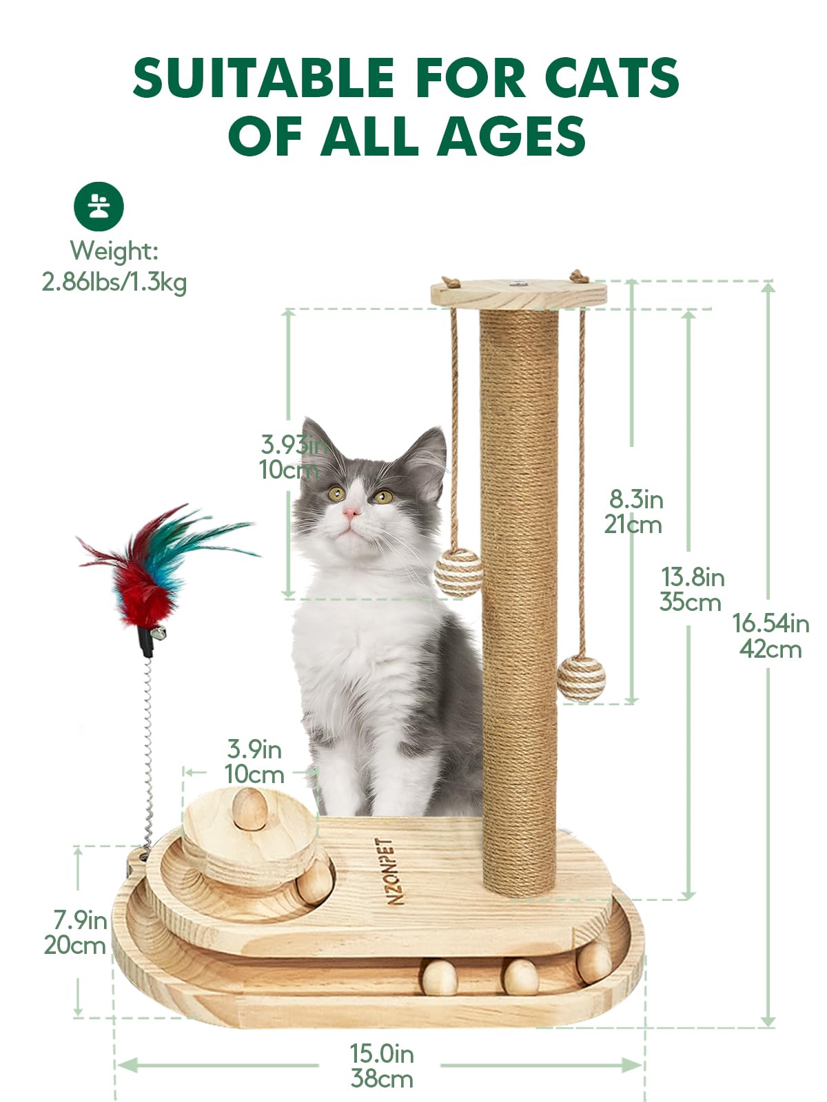 NZONPET Cat Scratching Post 16.54" Tall Scratch Post Premium Sisal Rope Scratch Posts for Kitten and Adult Cats All Natural Rope Wooden Ball Track Interactive Toy with Dangling Ball