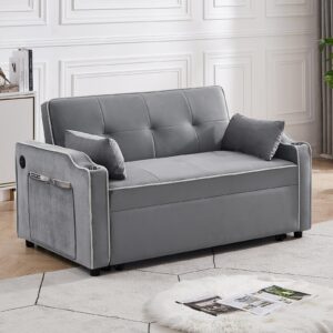 Convertible Sofa Bed, 3-in-1 Multi-Functional Velvet Sleeper Couch Pull-Out Bed, Loveseat Sofa Chaise Lounge with USB Port, Cupholder, Side Pocket, Adjustable Backrest and Pillows for Living Room