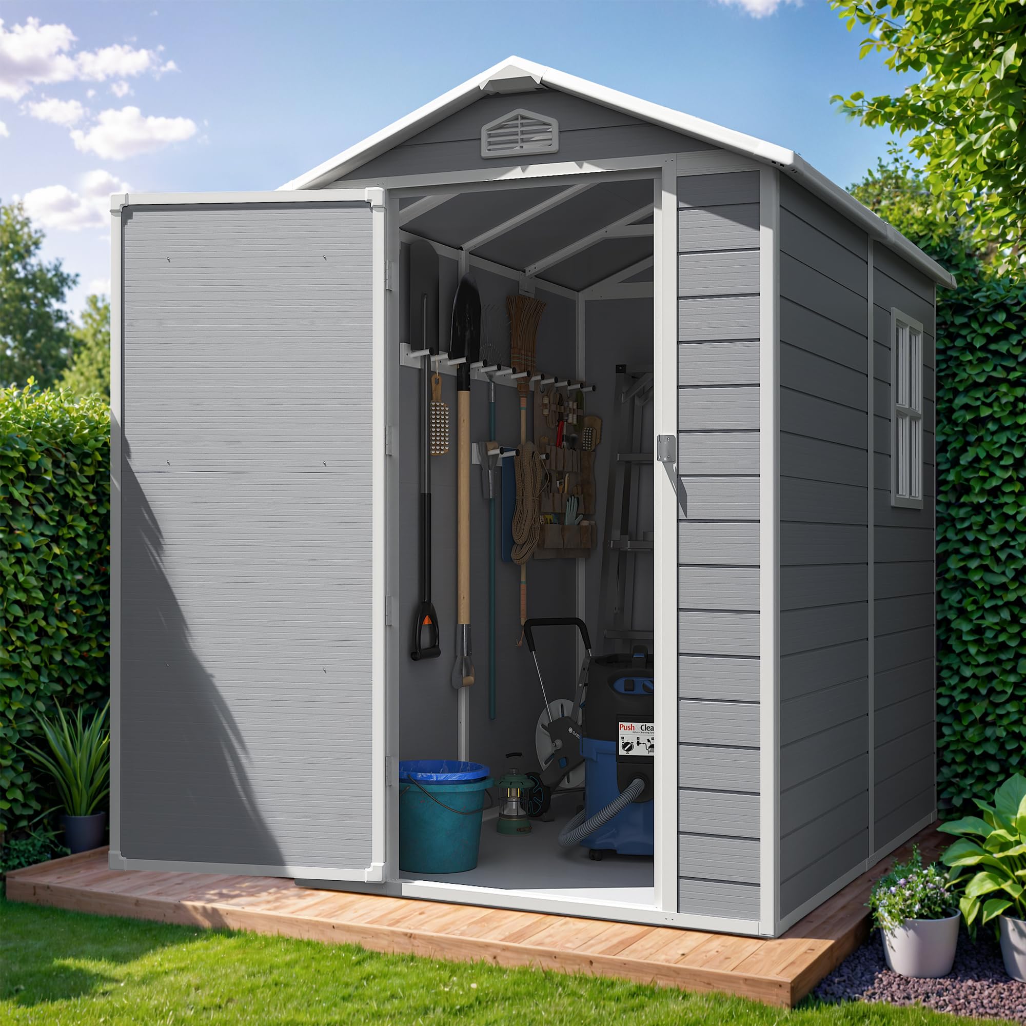 Greesum 6X4FT Resin Outdoor Storage Shed, All Weather Tool Room with Floor, Perfect for Storing Lawn Mowers, Garden Tools, Patio Furniture, Bicycles, Grey