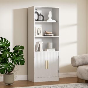 Housoul Modern Bookshelf with Doors, 63" Tall Bookshelf with Storage, 3 Shelf Bookcase with Adjustable Shelf, 3 Tier Bookshelf, Open Shelves Bookcase, Unique Bookshelf for Bedroom & Office, White