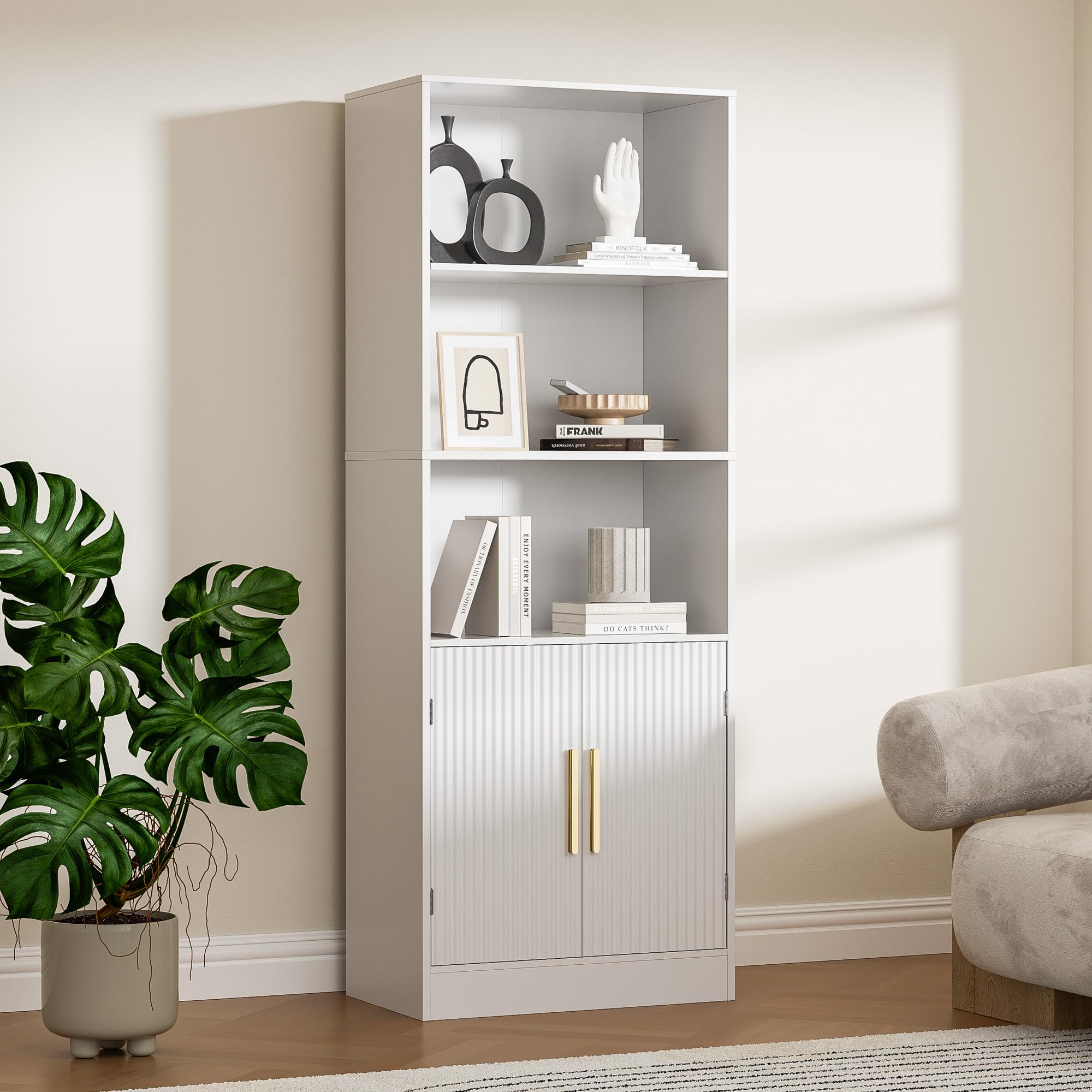 Housoul Modern Bookshelf with Doors, 63" Tall Bookshelf with Storage, 3 Shelf Bookcase with Adjustable Shelf, 3 Tier Bookshelf, Open Shelves Bookcase, Unique Bookshelf for Bedroom & Office, White