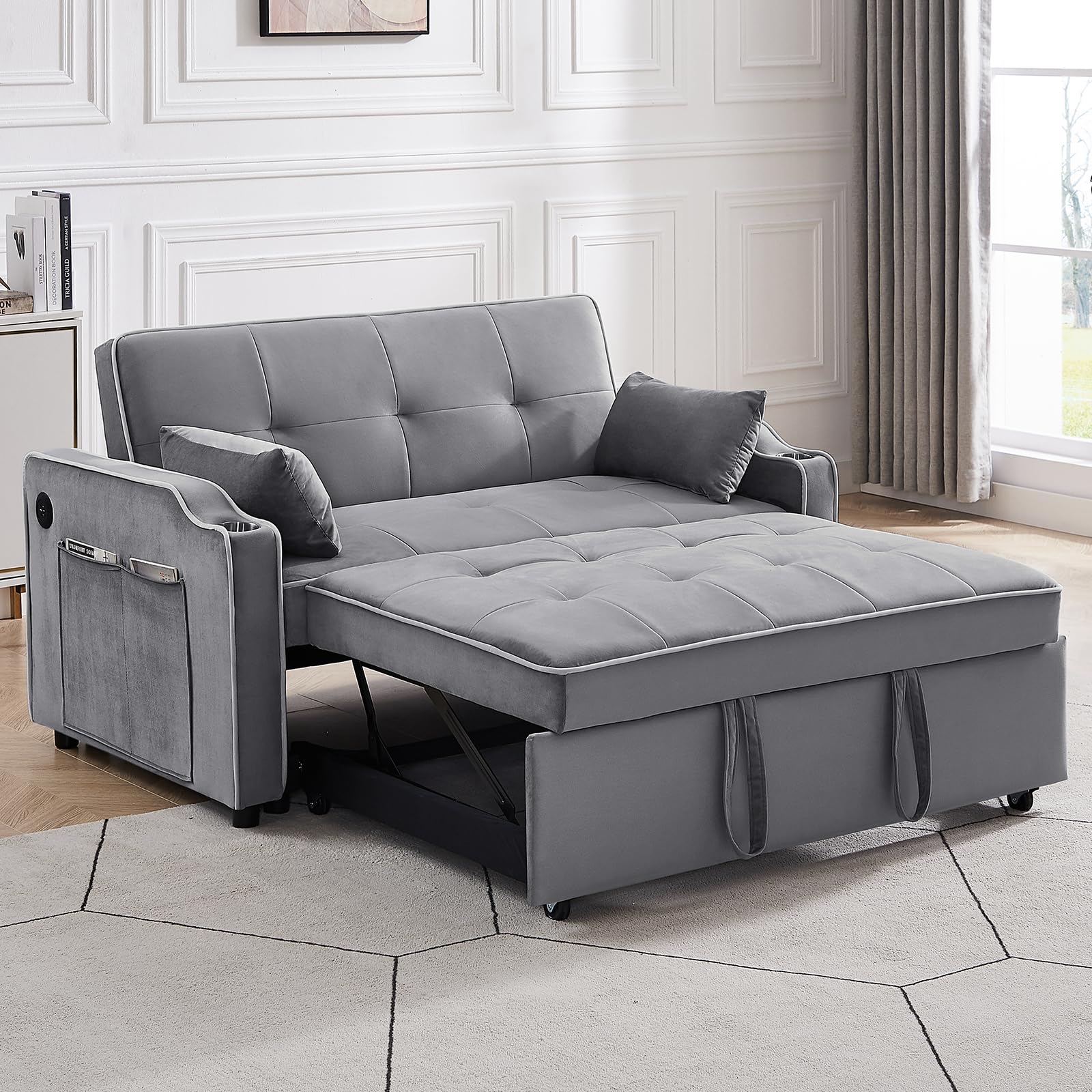 Convertible Sofa Bed, 3-in-1 Multi-Functional Velvet Sleeper Couch Pull-Out Bed, Loveseat Sofa Chaise Lounge with USB Port, Cupholder, Side Pocket, Adjustable Backrest and Pillows for Living Room